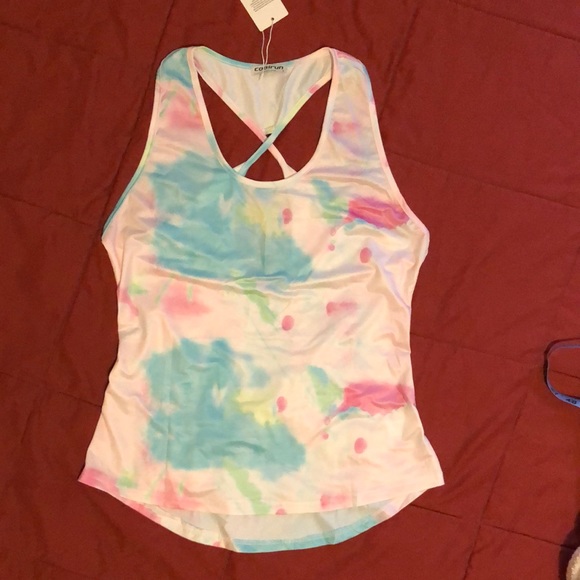 CoolRun NWT TieDye Tank. Cute Back Detail. Teal, Pinks, Greens, & White. - Picture 3 of 9